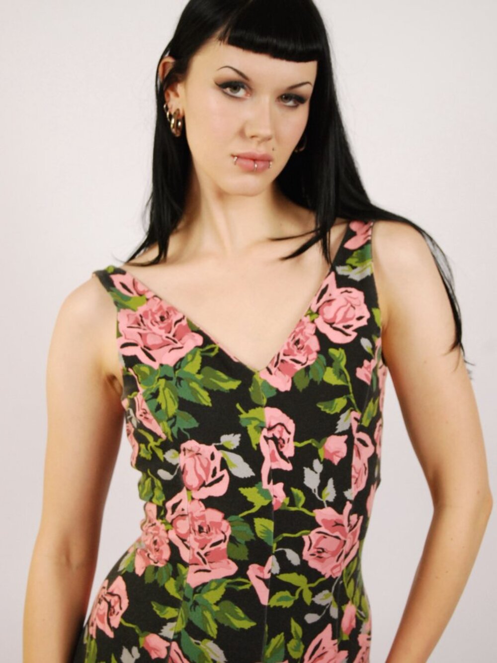 Y2K Betsey Johnson Maxi Dress (S) small black pink vintage rose floral tank chic - Picture 7 of 9